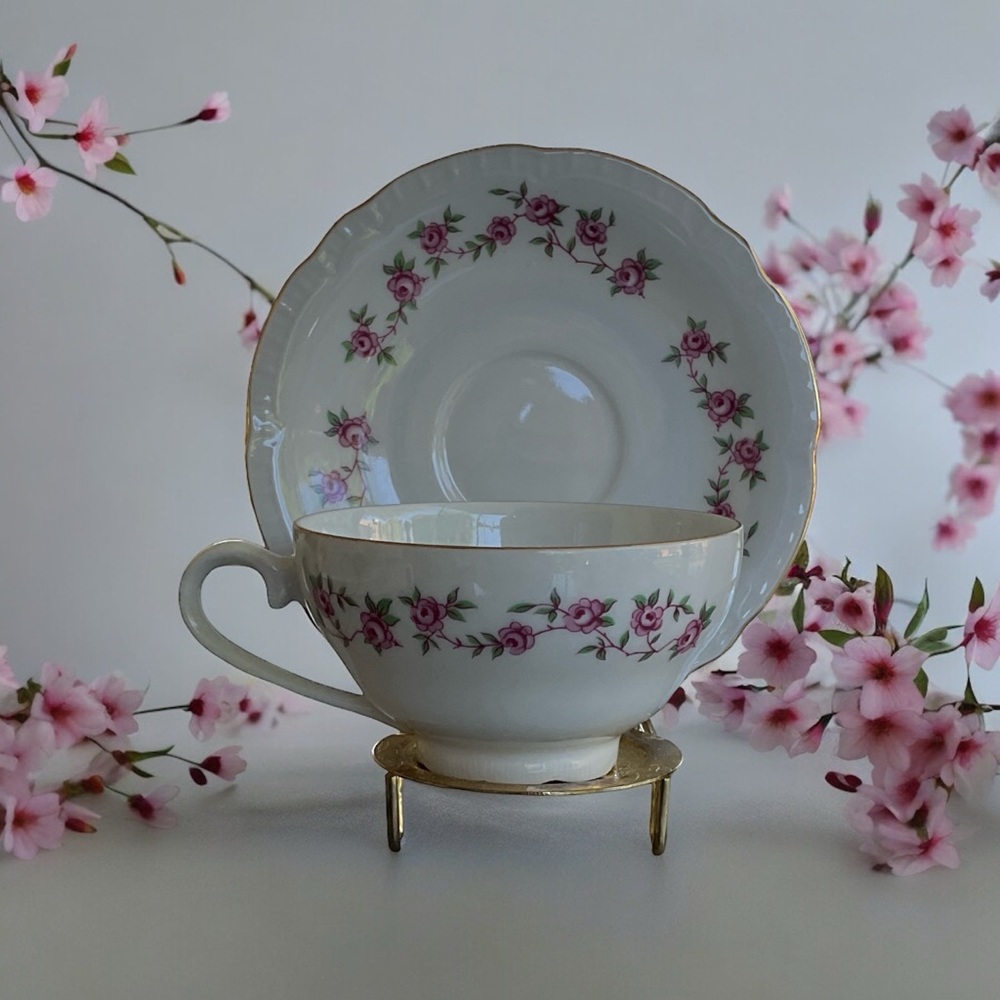 Fine Bohemian China Vintage Teacup and Saucer Rose Garland Czechoslovakia